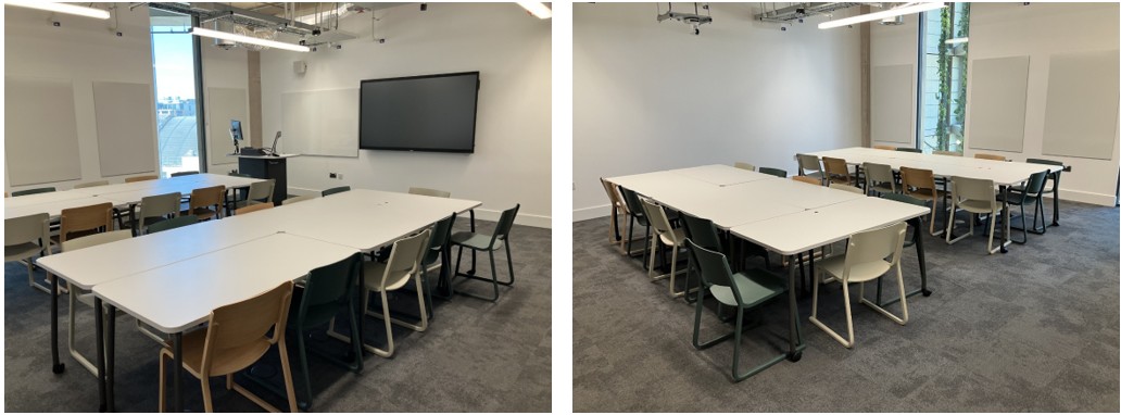 Classroom with tables and chairs.